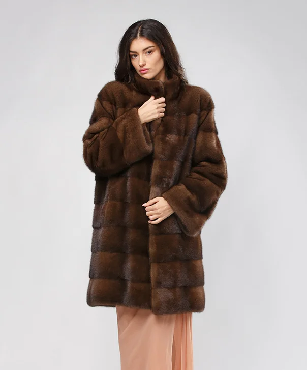 Women’s Horizontal Brown Mink Fur Coat Trapeze Tunic Caftan