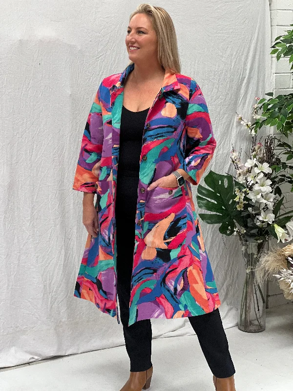 Lorelai Vibrant Abstract Fleece Coat Boat Neck Jacket Square Neck Jacket One-Shoulder Jacket
