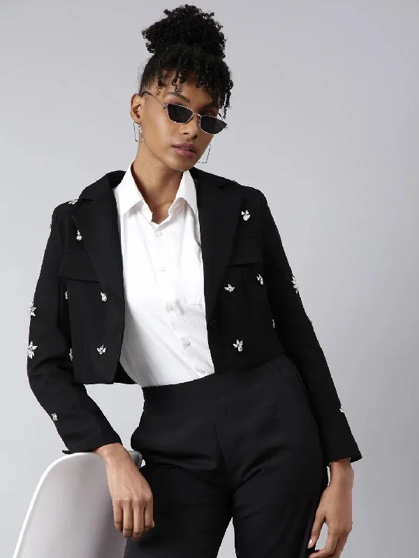 Women Black Solid Single Breasted Crop Blazer-57-Black Women's Luxurious Suit