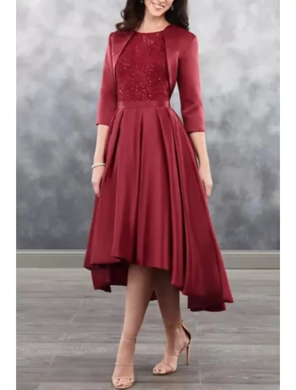 Two Piece Hi Low Scoop Neck Satin Mother of Bride Dress, 3/4 Sleeve Coat Crew Neck V-Neck Boat Neck