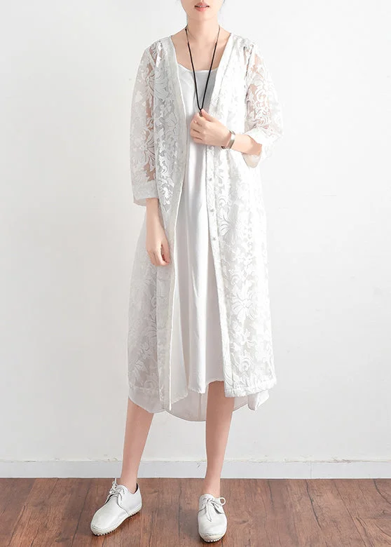 diy white lace clothes Women Cotton v neck daily summer hollow out cardigan Polka Dot Checkered Tartan