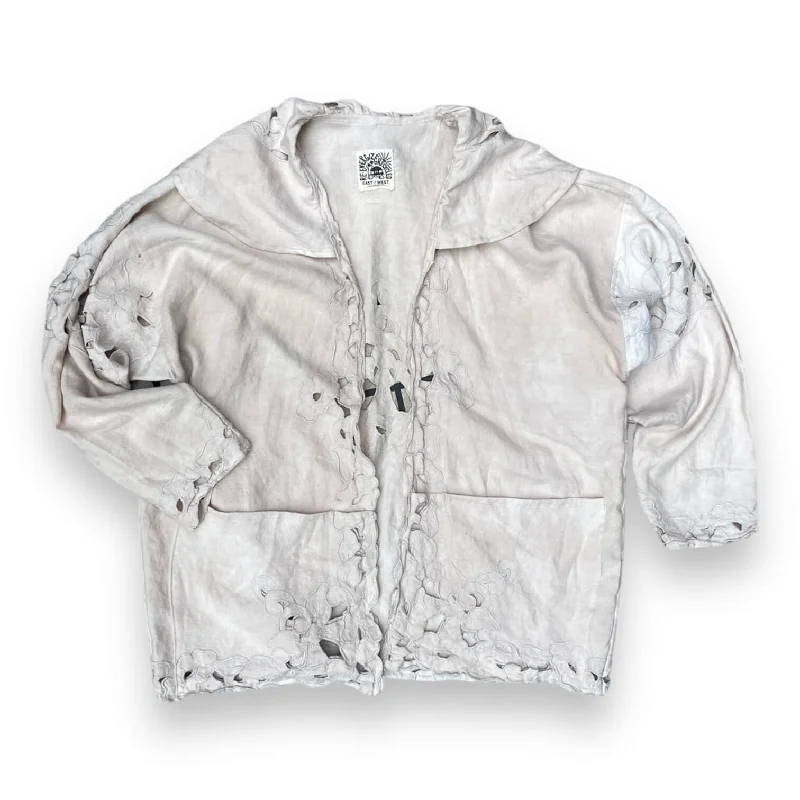 Linen Coat 12.8 - Hand Embroidered Floral Three-Quarter Sleeve Elbow Sleeve Wrist Sleeve