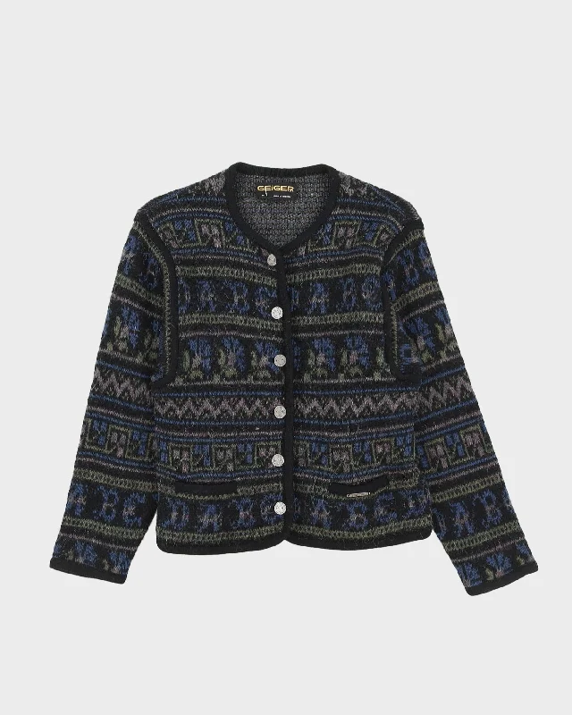 Vintage 1980s Austrian Geiger Knitted Cardigan - S Lace Blend Ribbed Blend Corduroy Blend