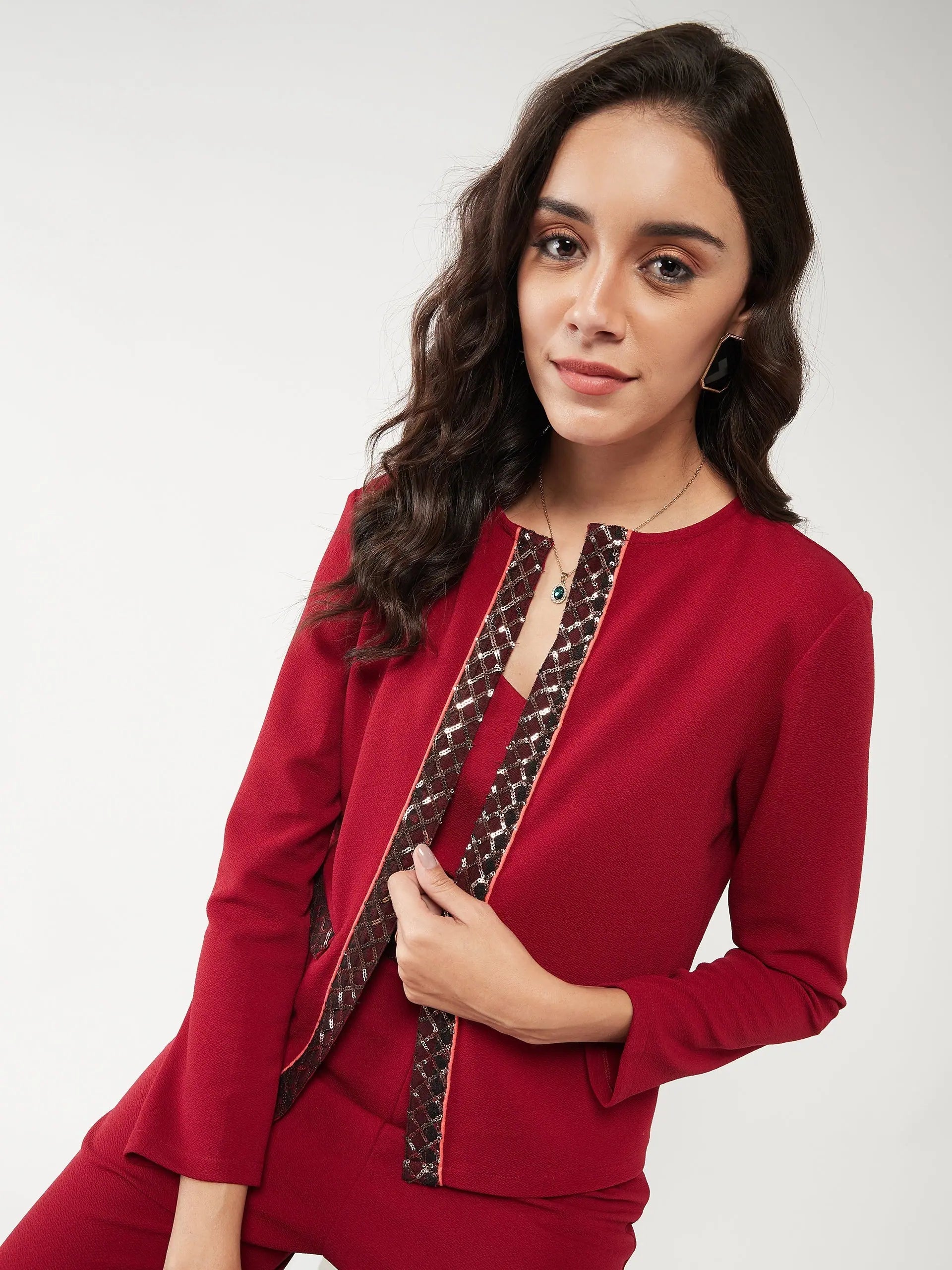 Solid Front Open Blazer With Sequin Detail-ZL7048-M Women's Designer Suit