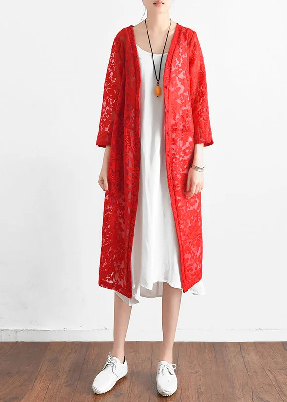Loose red lace outwear plus size Tunic Tops v neck shift summer hollow out cardigan Thin Thick Dense