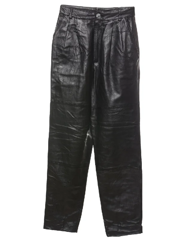 Black High Waist Leather Pleated Trousers - W26 L30 Trousers Modern Contemporary
