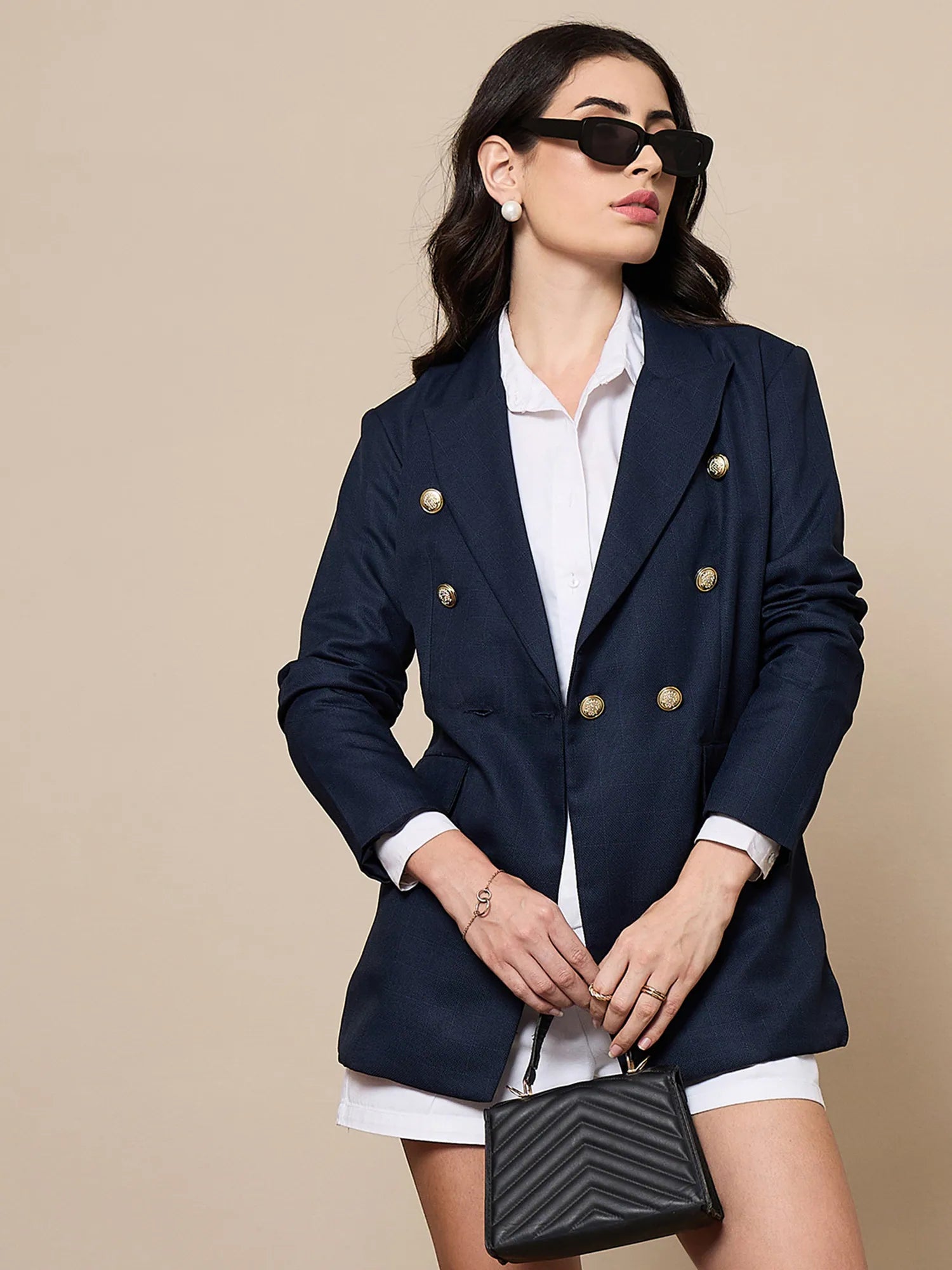 Women Navy Double-Breasted Check Blazer-SFJCKT6947 Women's Trendy Suit
