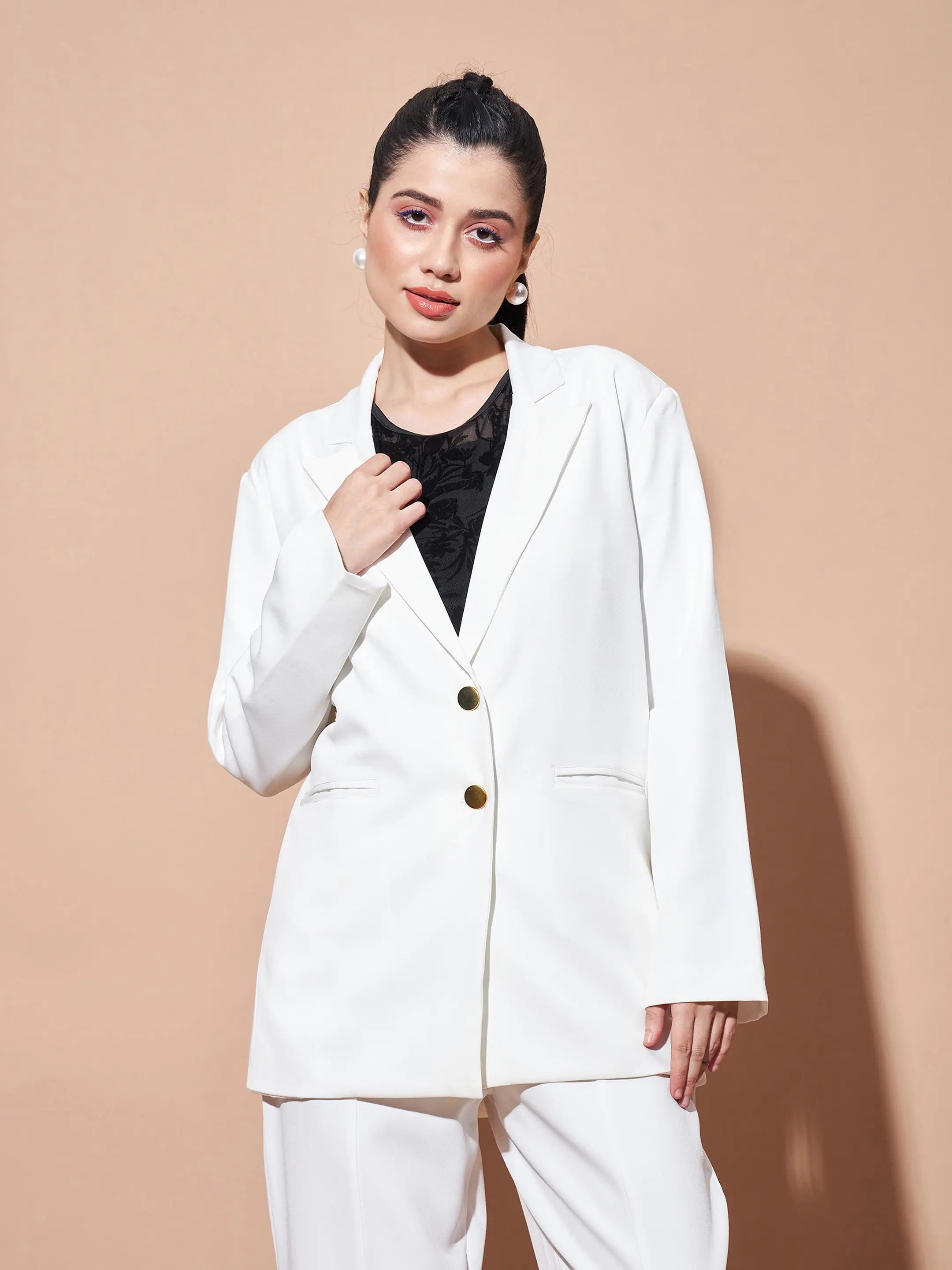Women White Notch Collar Front Open Blazer Women's Simple Jacket