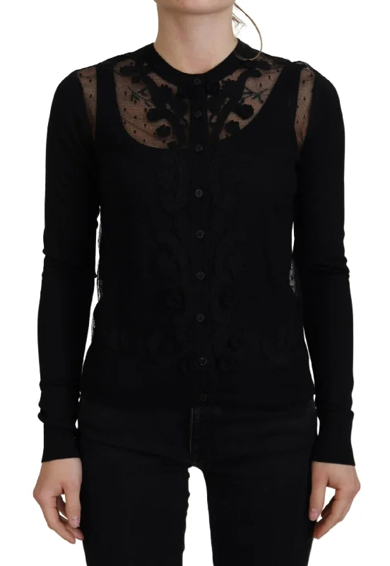 Dolce & Gabbana Elegant Black Floral Lace Cardigan Sweater Spandex Blend Rayon Blend Denim Blend Dolce & Gabbana Elegant Black Floral Lace Cardigan Sweater Spandex Blend Rayon Blend Denim Blend