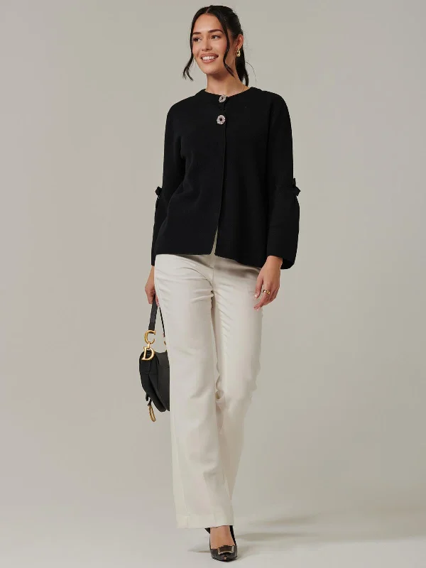 Button Bow Sleeve Knit Cardigan, Black Wool Cardigan Cotton Cardigan Cashmere Cardigan
