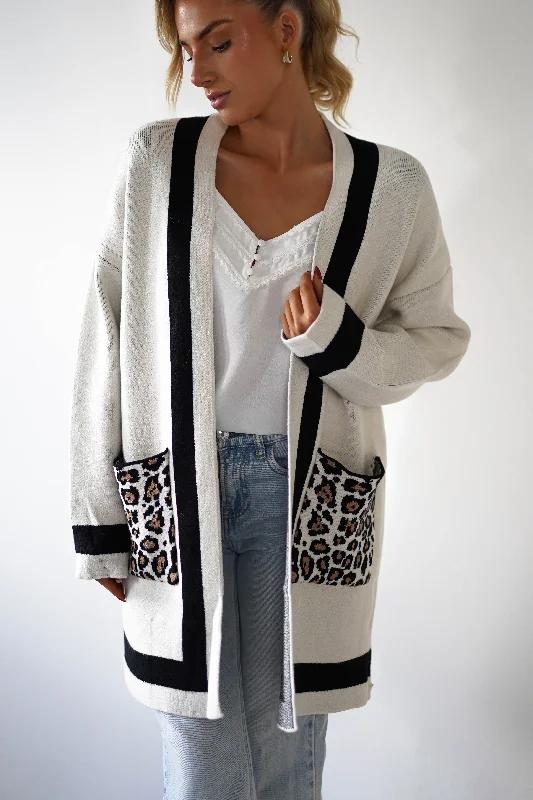 Tadriah Leopard Print Detail Cardigan Ribbed Striped Patterned