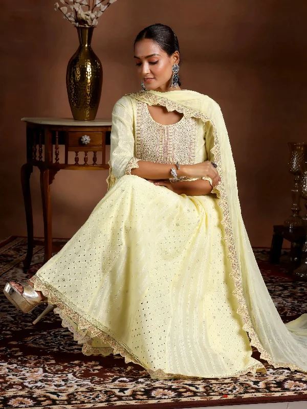 Yellow Embroidered Cotton A-Line Kurta With Trousers & Dupatta Trousers Velvet Soft