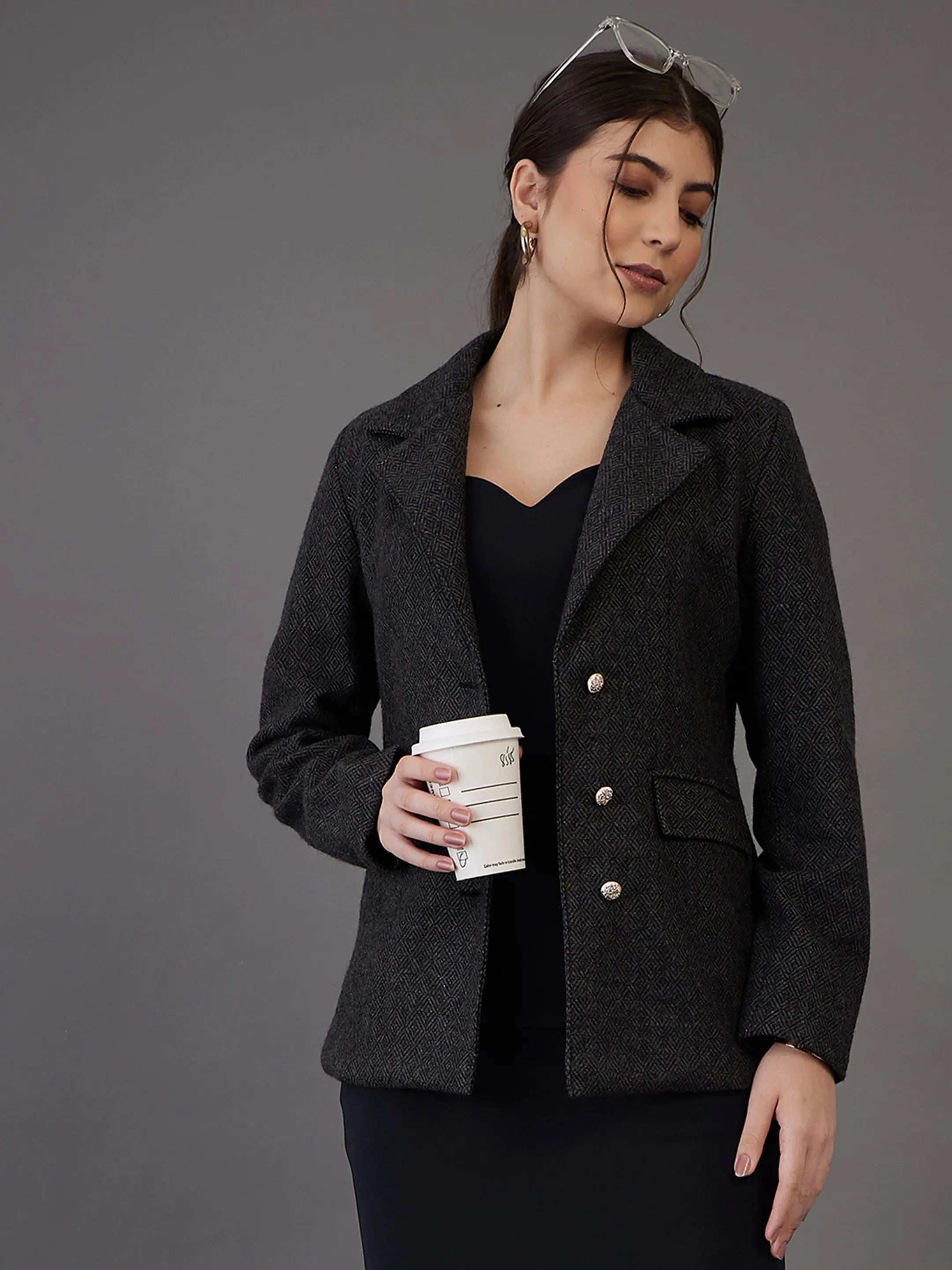 Women Grey Tweed Notch Collar Single-Breasted Blazer Women's Radiation Jacket