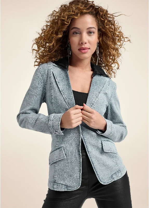 Denim Blazer With Faux Leather Hood - Medium Wash Women's Handmade Blazer