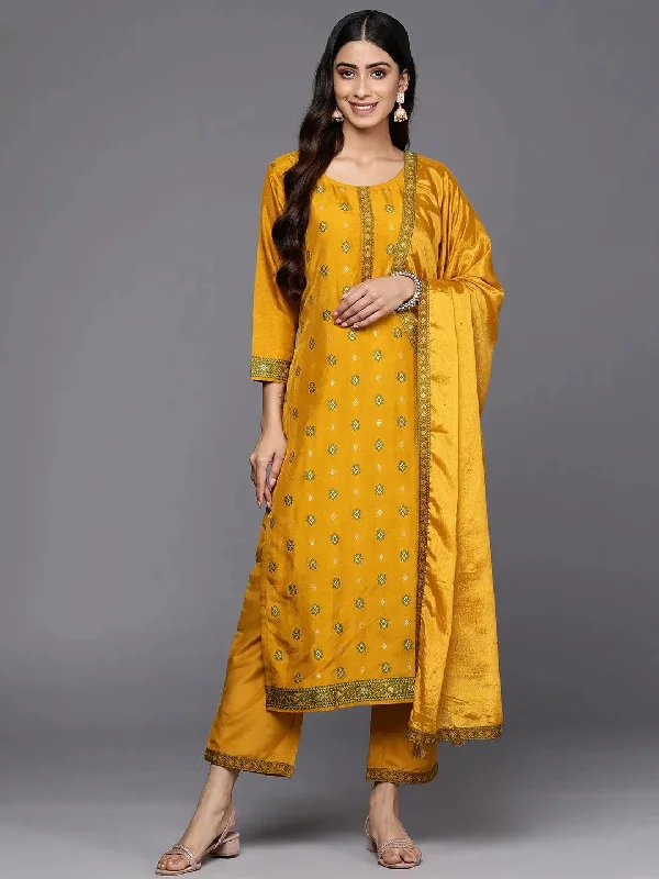 Mustard Self Design Silk Blend Straight Kurta With Trousers & Dupatta Trousers Yoga Stretchy