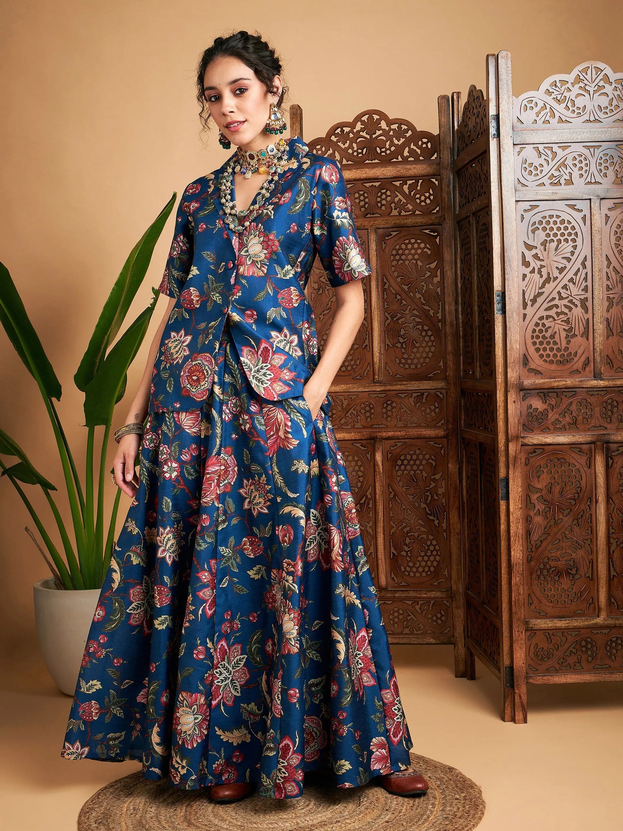 Women Blue Floral Anarkali Skirt With Blazer New Women's Blazer