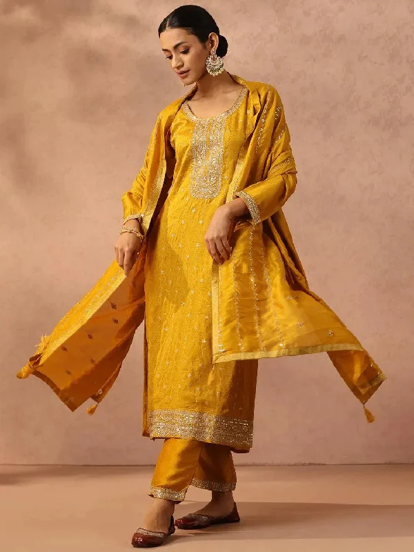 Yellow Embroidered Silk Blend Straight Kurta With Trousers & Dupatta Trousers Mesh Breathable
