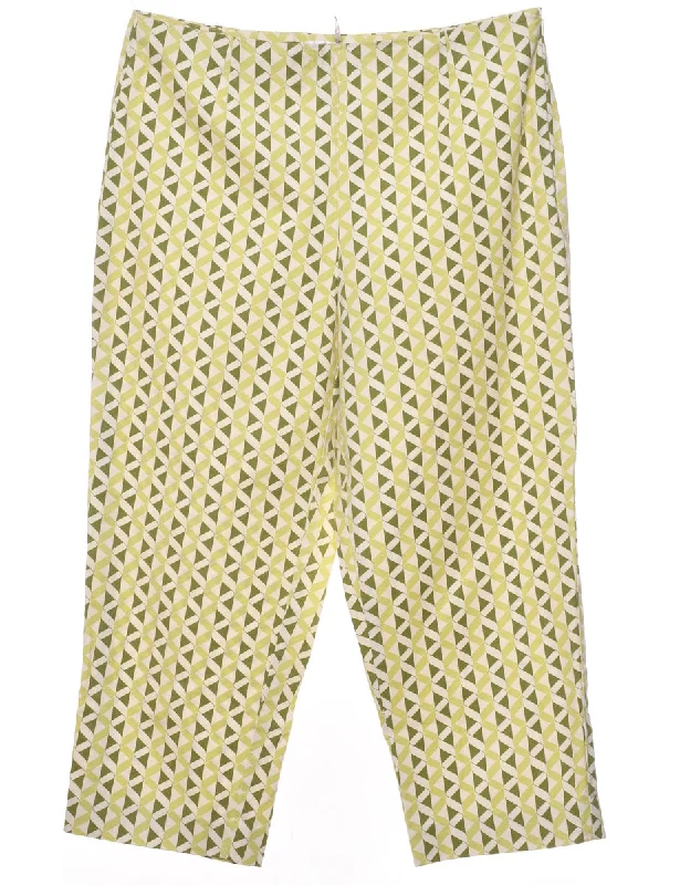 Geometric Pattern Light Green, Dark Green & White Trousers - W32 L23 Trousers Culottes Wide Leg