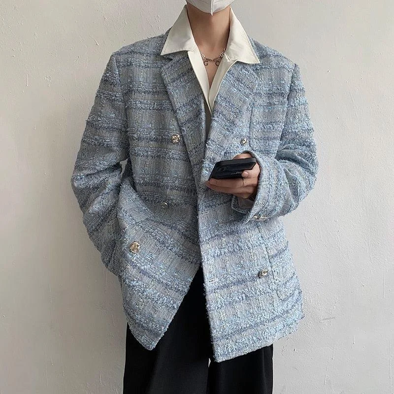 Lapel Collar Blue Tweed Blazer Women's Simple Blazer
