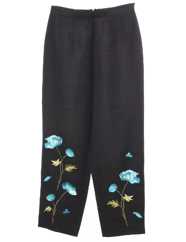 Black Embroidery Trousers - W26 L25 Trousers Capri Summer