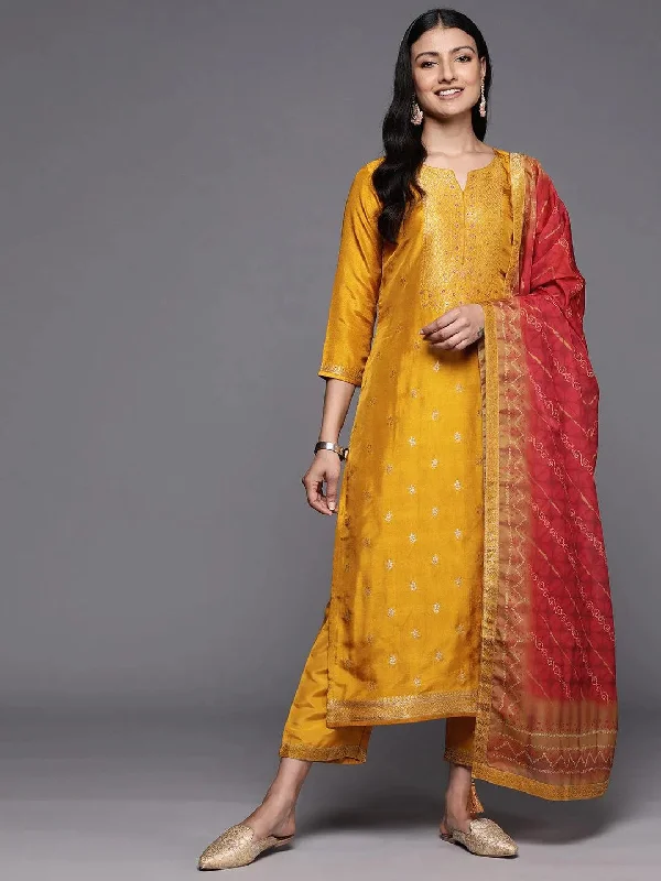 Mustard Self Design Silk Blend Straight Kurta With Trousers & Dupatta Trousers Floral Bohemian