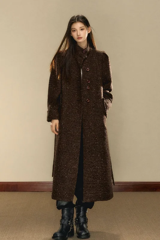 Chocolate Brown Tweed Long Over-the-Knee Wool Coat OSH0103 Solid Print Jacquard