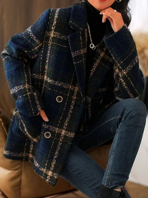 Checkered Pattern Wool Coat Pockets Sleeves Lining