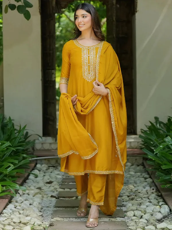Mustard Yoke Design Silk Blend A-Line Kurta With Trousers & Dupatta Trousers Corduroy Warm