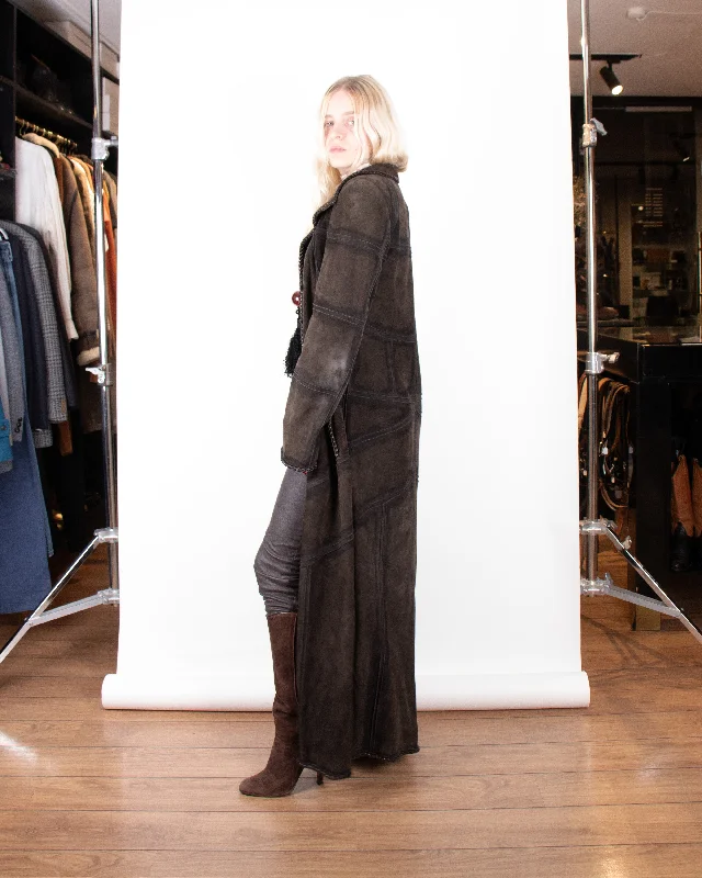 F/W 2003 Fendi Long Brown Suede Coat M Crew Neck V-Neck Boat Neck
