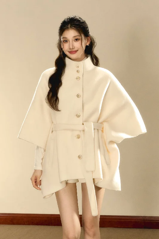 Cream Tweed Gold Button Woolen Cape Coat OSH0102 Pleated Ruffled tiered