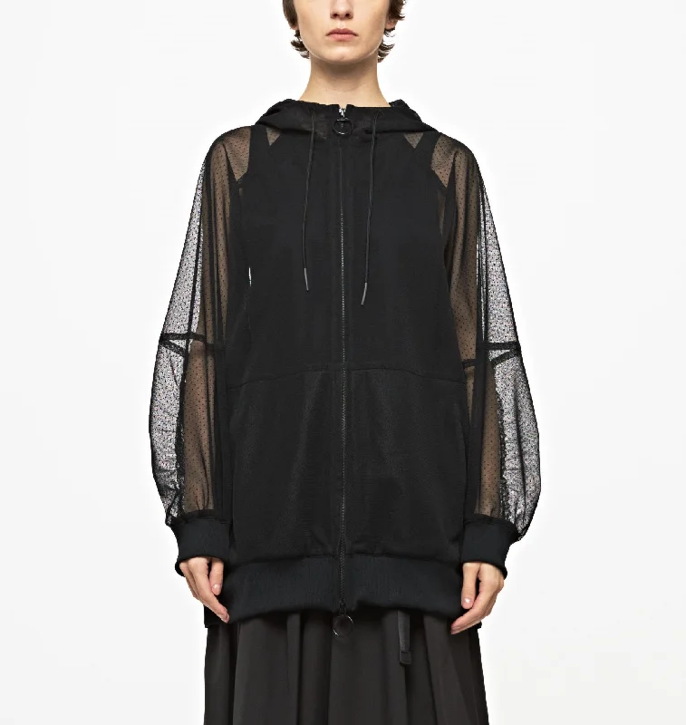 Dot Tulle See-through Hoodie Hoodie with Tied Waist Feminine Flattering