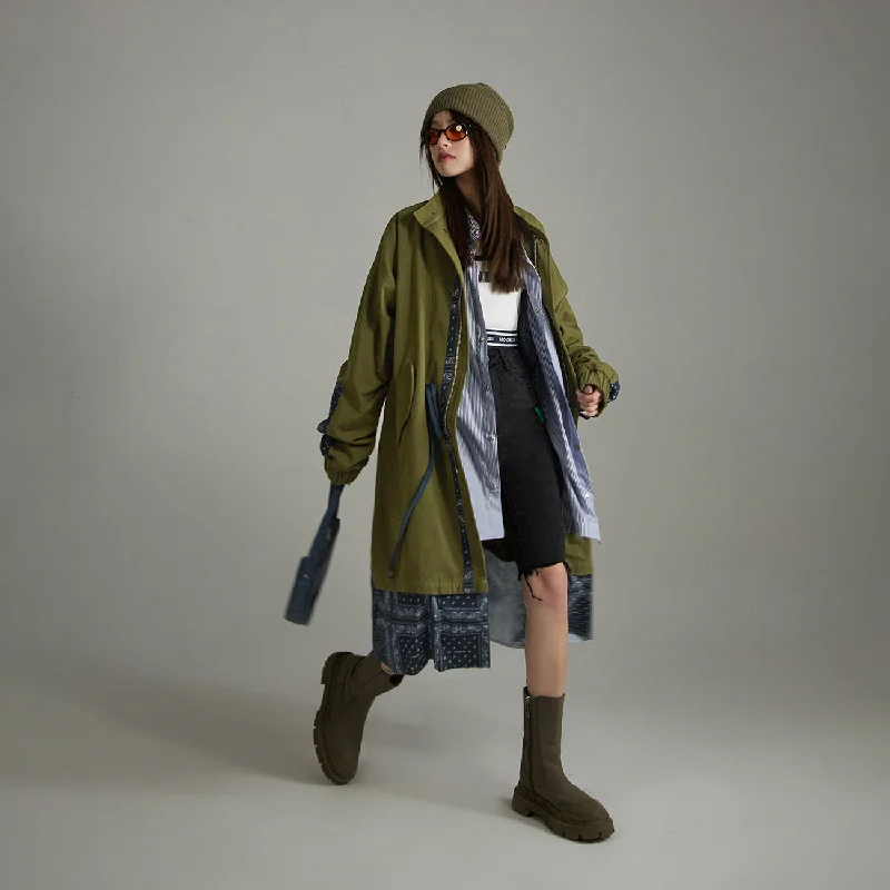 High Neck Loose Fit Trench Coat Nylon Polyester Spandex