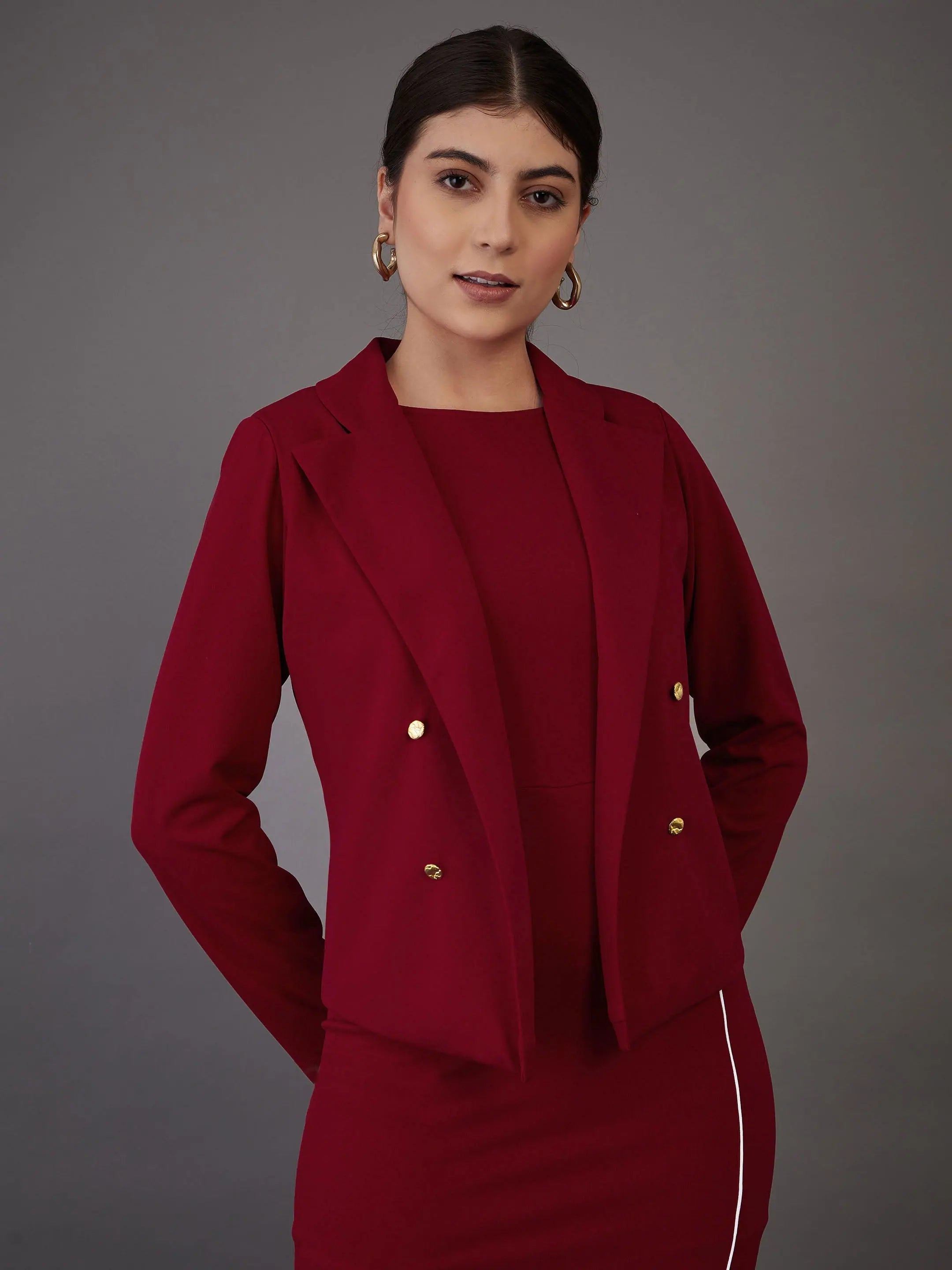 Women Red Notch Collar Single-Breasted Blazer Women's Vintage Jacket