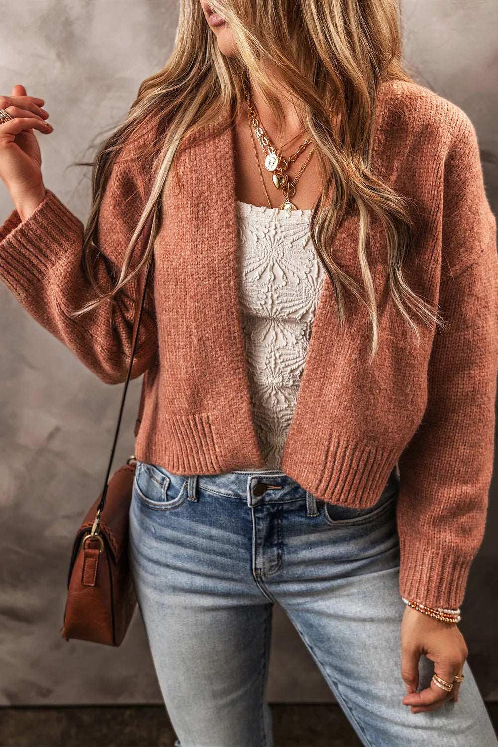 Open Front Dropped Shoulder Cardigan Fitted Slim Tailored