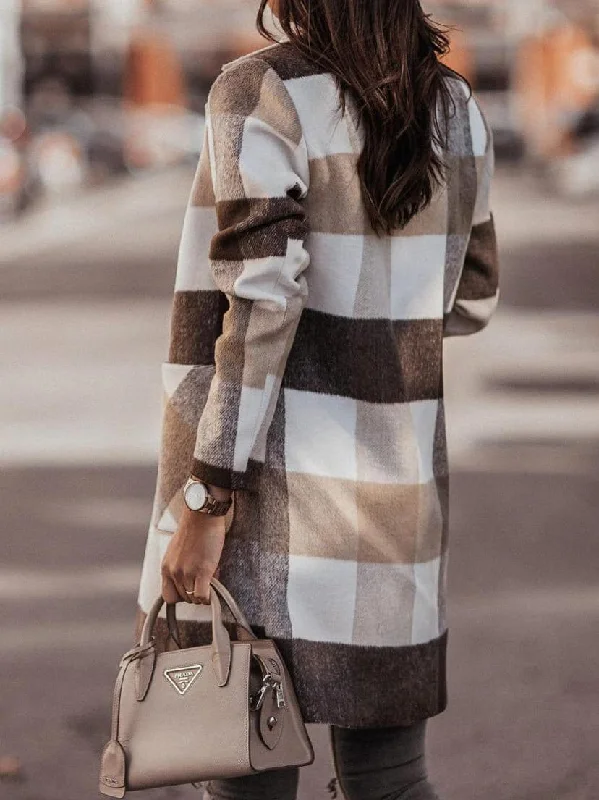Checkered Front Button Coat Asymmetrical Collar Hooded Zippered