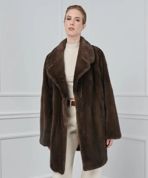 Women’s Hazelnut Brown Mink Fur Coat empire Basque Peplum