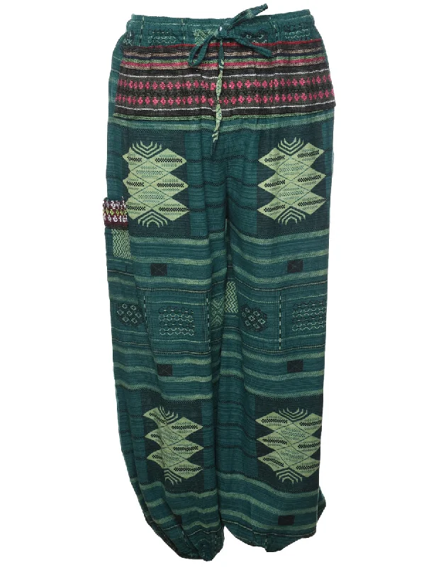 Green Patterned Casual Trousers - W25 L27 Trousers Spring Floral
