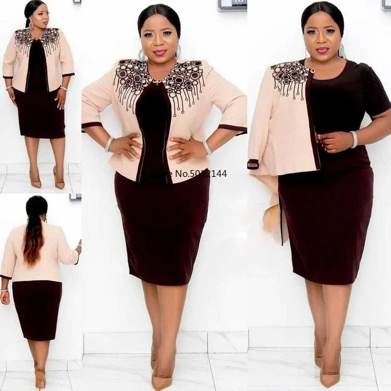 African Women Dress Suit African Women Printing Two Pieces Sets Dress+coat African Clothes for Women Striped Polka Dot Floral