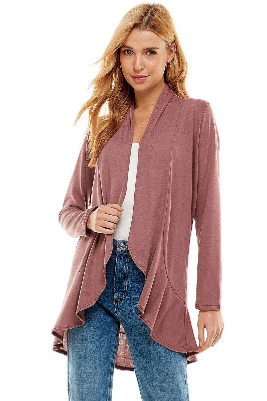 Women's Long Sleeves Ruffle Hacci Cardigan in Dusty Rose Faux Fur Fabric Real Fur Fabric Shearling Fabric
