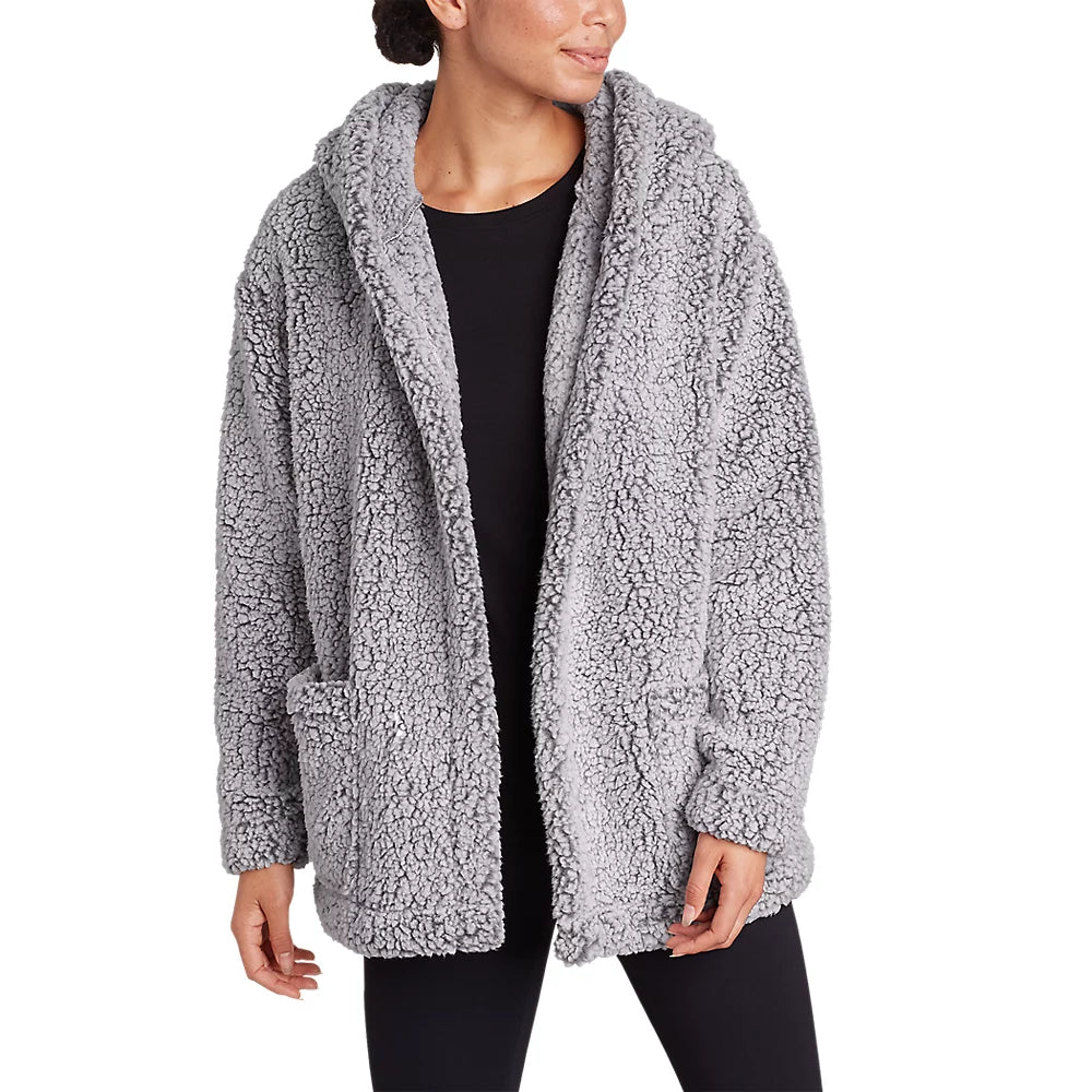 Women's Campfire Plush Fleece Hooded Open Cardigan Welt Pockets Slit Pockets Flap Pockets