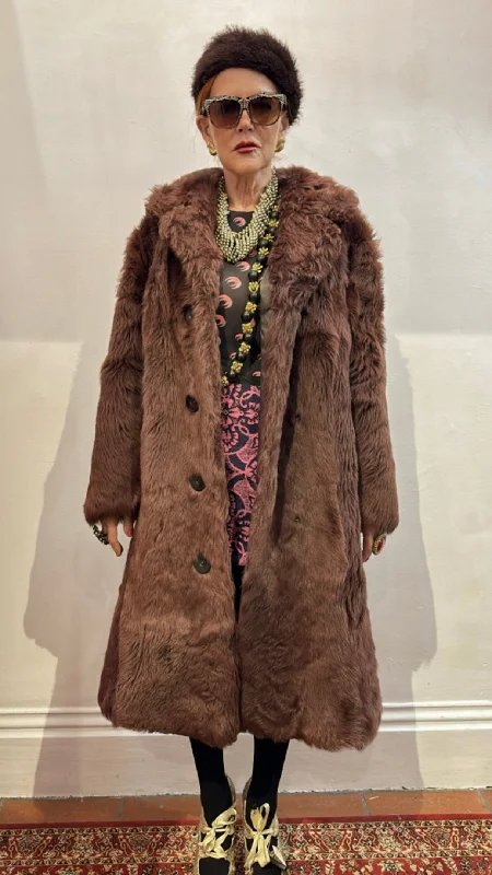 Vintage Brown Long Faux Fur Coat Suede Faux Fur Shearling