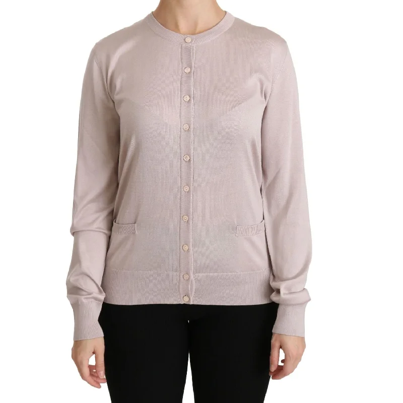 Dolce & Gabbana Silk Blend Pink Crew Neck Cardigan Striped Floral Plaid