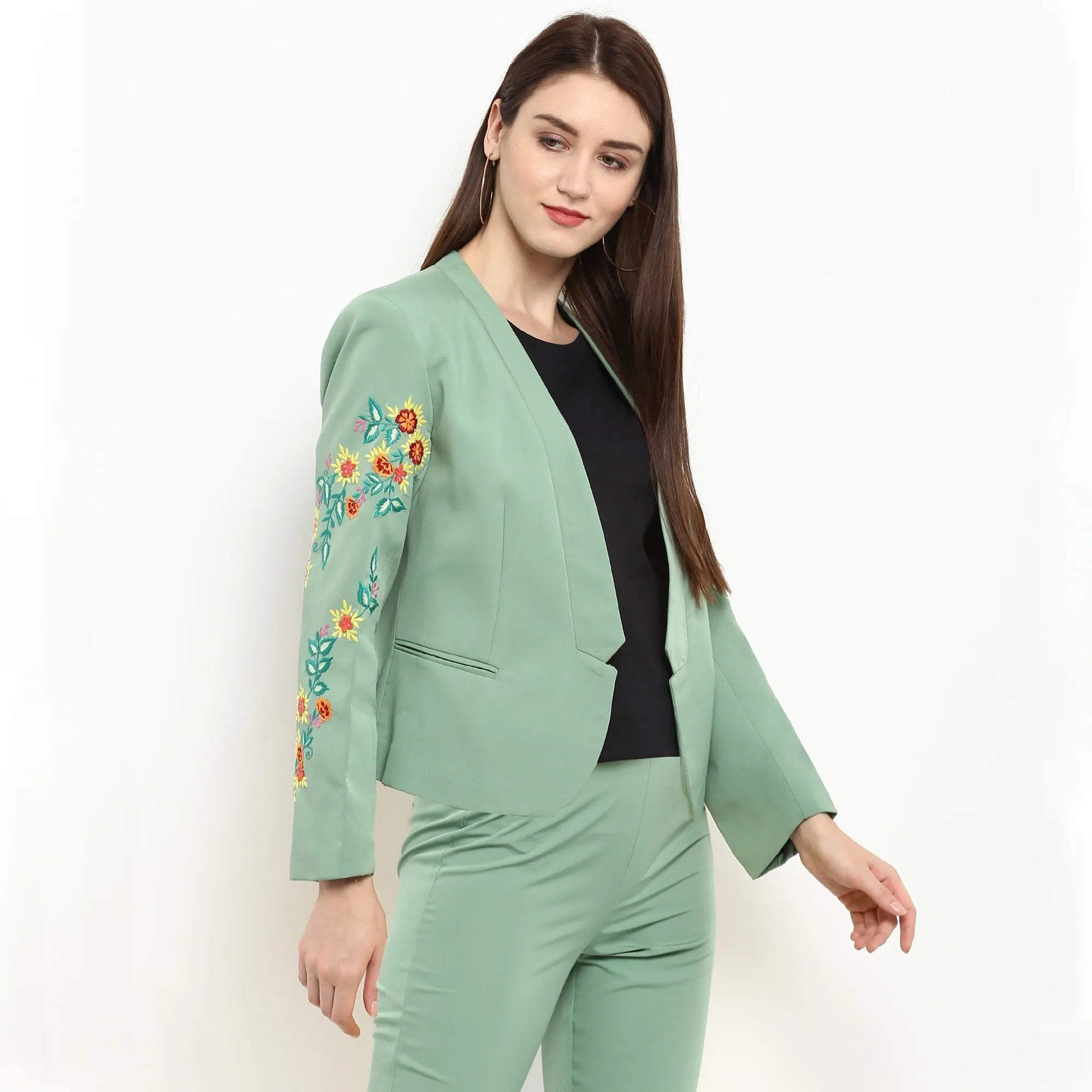 Pannkh Women's Pastel Green Embroidered Blazer Women's Formal Blazer