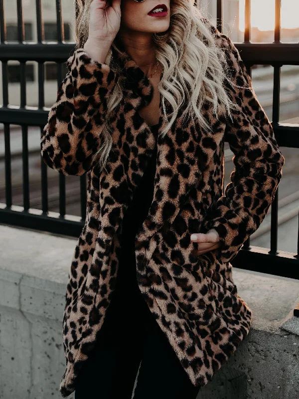 Chic Leopard Print Coat Buttoned Zippered Snapped