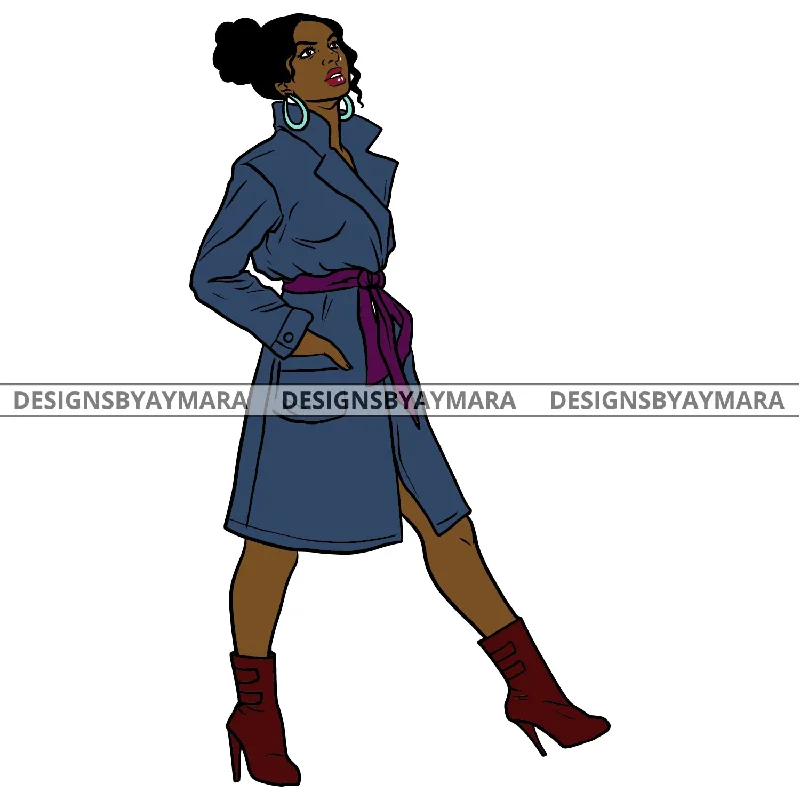 Afro Urban Fashionista Goddess Heels Attractive Black Woman Coat Sexy Bun Hair Style  SVG Cutting Files For Silhouette Cricut Raincoat Turtleneck Coat Wrap Coat