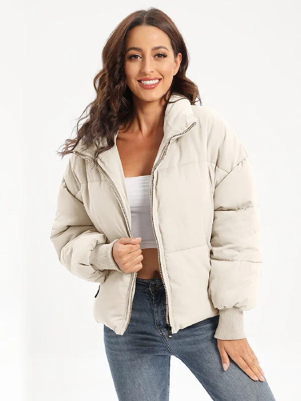 Zip Up Turtleneck Long Sleeve Winter Coat Cuffed Rolled Raglan