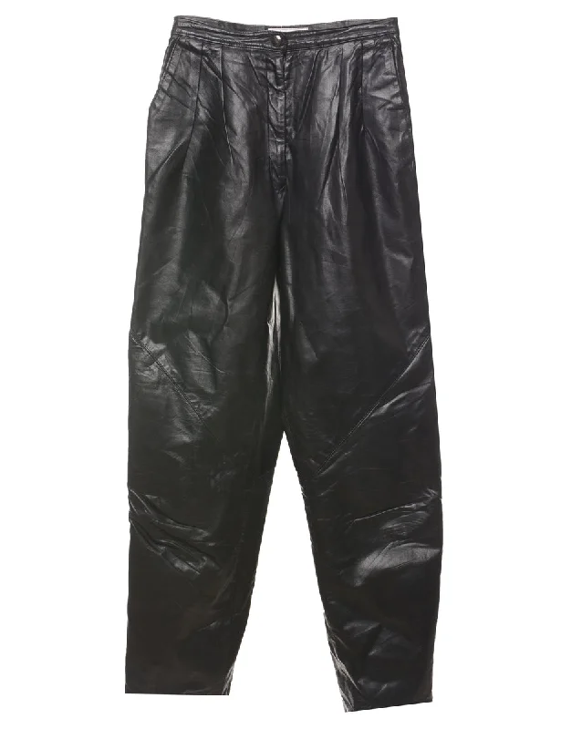 Black High Waist Pleated Leather Trousers - W26 L30 Trousers Summer Linen