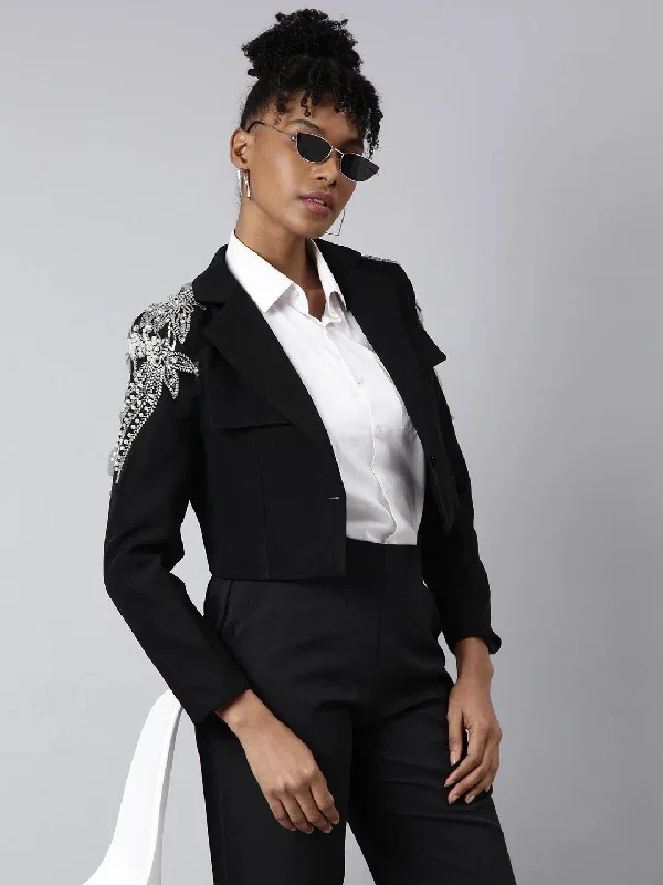 Women Black Solid Single Breasted Crop Blazer-55-Black Women's High-End Blazer