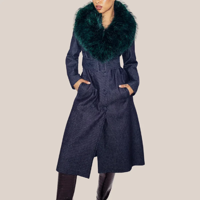 Denim Double Breasted Trench Coat - Dark Navy Welt Pockets Slit Pockets Flap Pockets