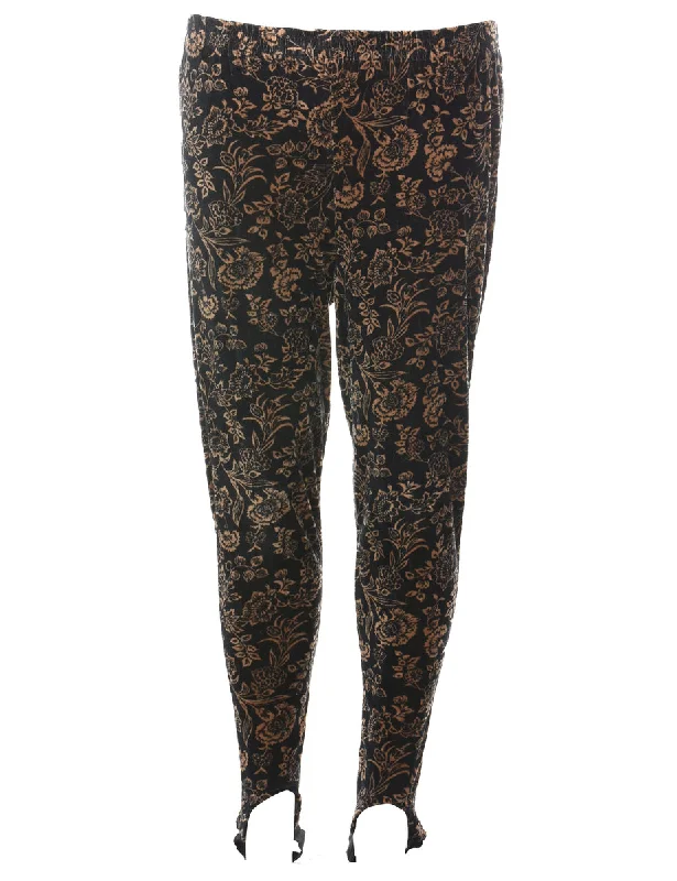 Black & Orange Floral Print Velour Trousers - W28 L28 Trousers Winter Warm